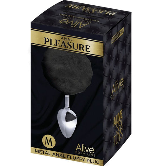 ALIVE Anal Pleasure Plug Liso Metal Pompón Negro Talla M